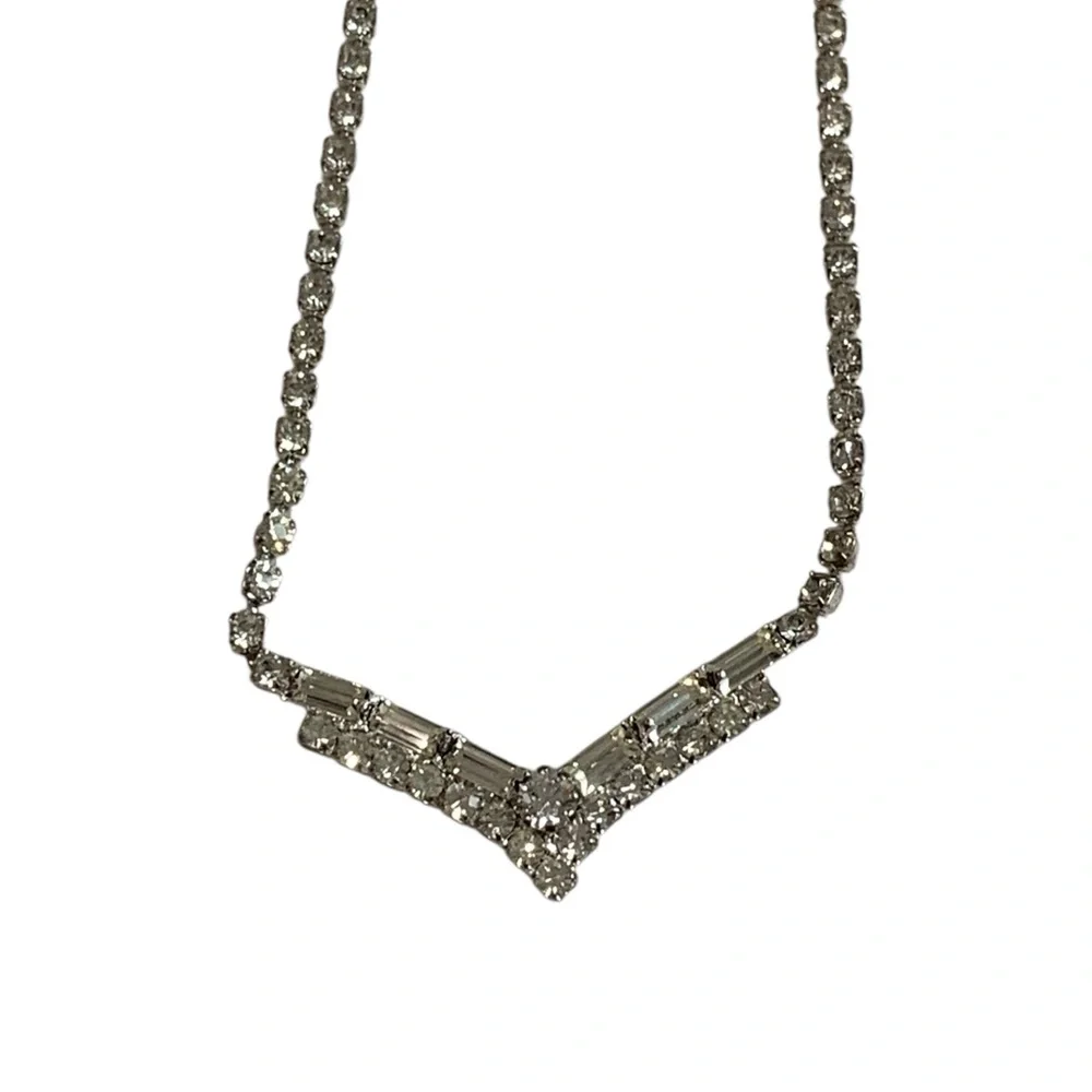 Vintage Rhinestone V Necklace Chevron Tennis Style Silver Tone Sparkle - Picture 1 of 9